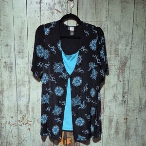Studio 1940 Black and Blue Pleated Faux 2-piece Blouse